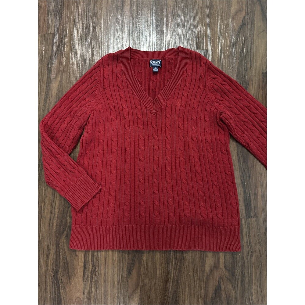 Chaps Men's 2XL Red V Neck Cable Knit Chunky Sweater Preppy Old Money Layering